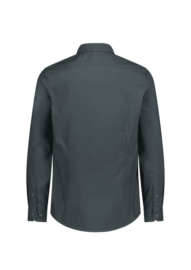 A slim fit long sleeve shirt in dark grey with a classic collar and buttoned cuffs. Features a branding logo on the back.