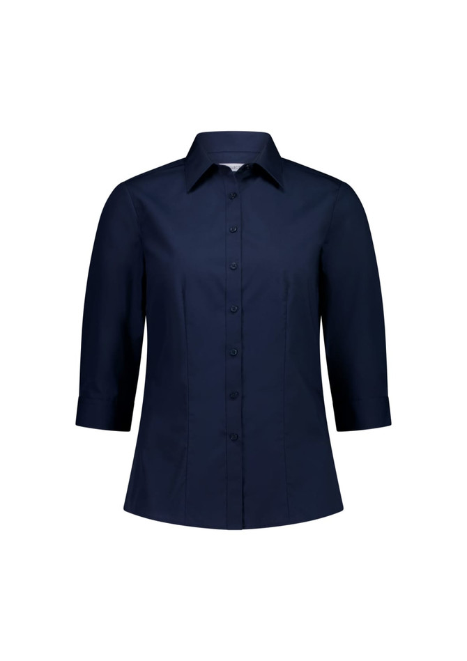 A navy blue women's 3/4 sleeve shirt featuring a button-up front and a tailored fit. It has a collar and branding.