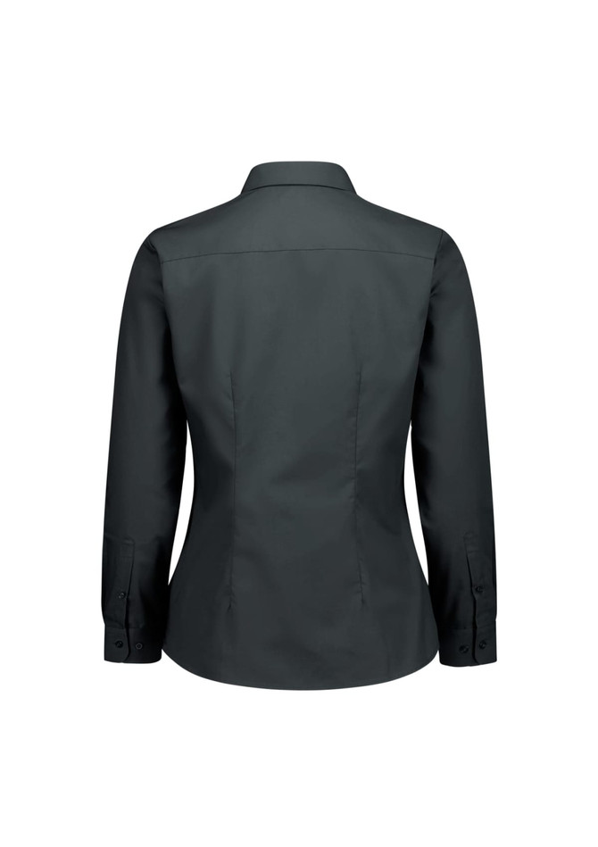 A women's long sleeve shirt in dark grey, featuring a fitted design and buttoned cuffs. The back view is shown, with a logo.