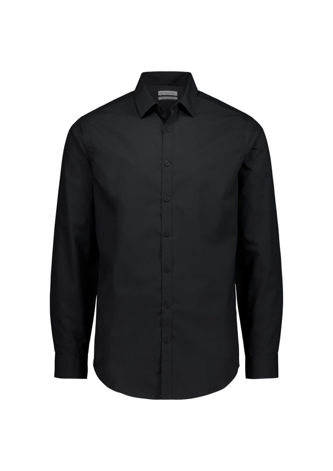 A black slim fit long sleeve shirt with a button-down front and a collar. It features a logo on the chest.
