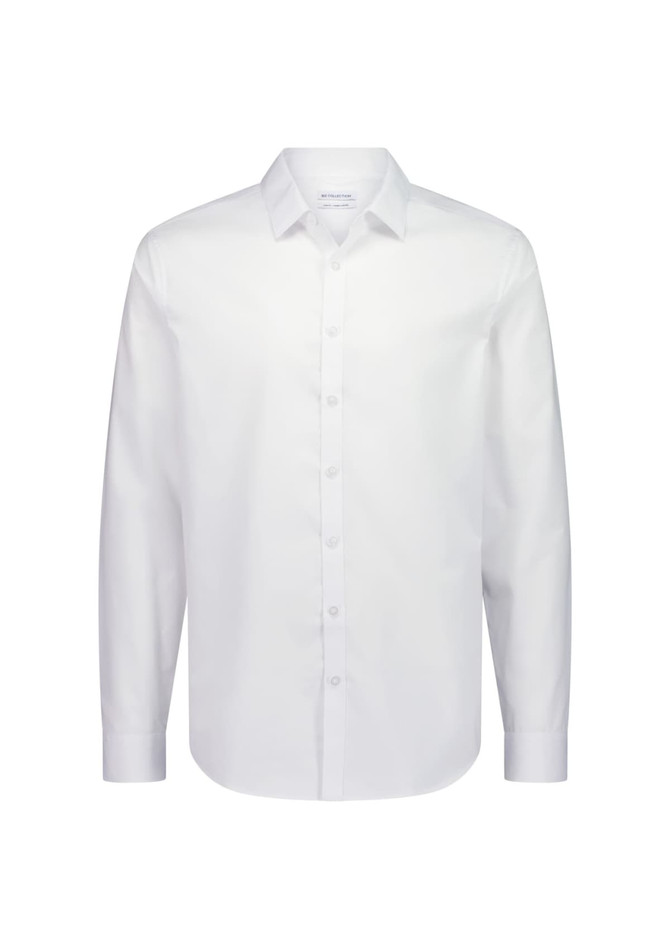 A white men's slim fit long sleeve shirt with a collar and button-down front, featuring a logo.