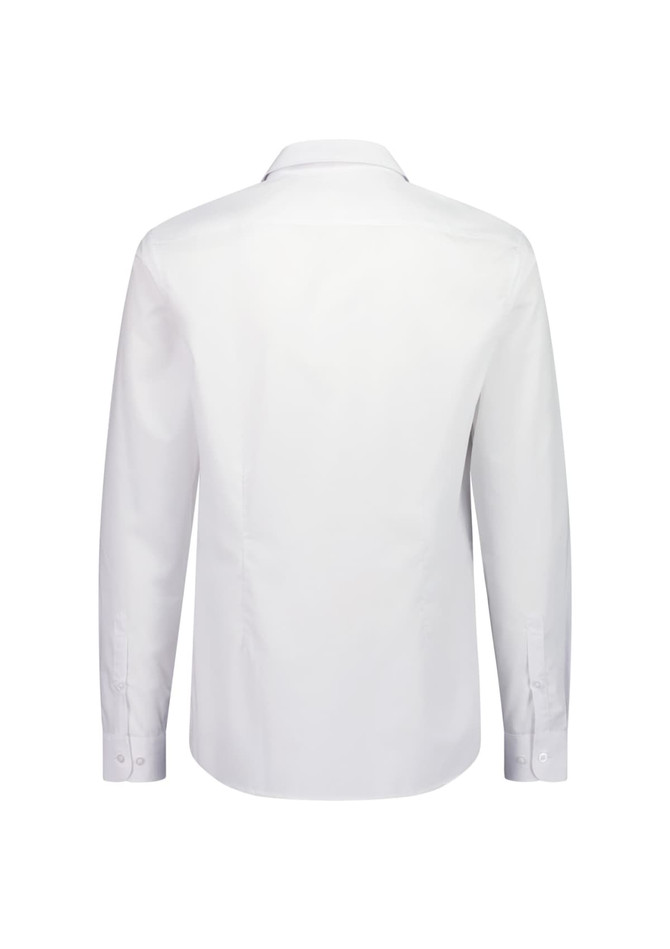 A white long sleeve men's slim fit shirt with a collar and buttoned cuffs, featuring a logo on the back.