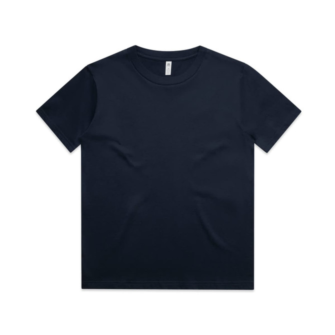 A navy blue kids' t-shirt featuring a crew neckline and short sleeves, with a branding logo.