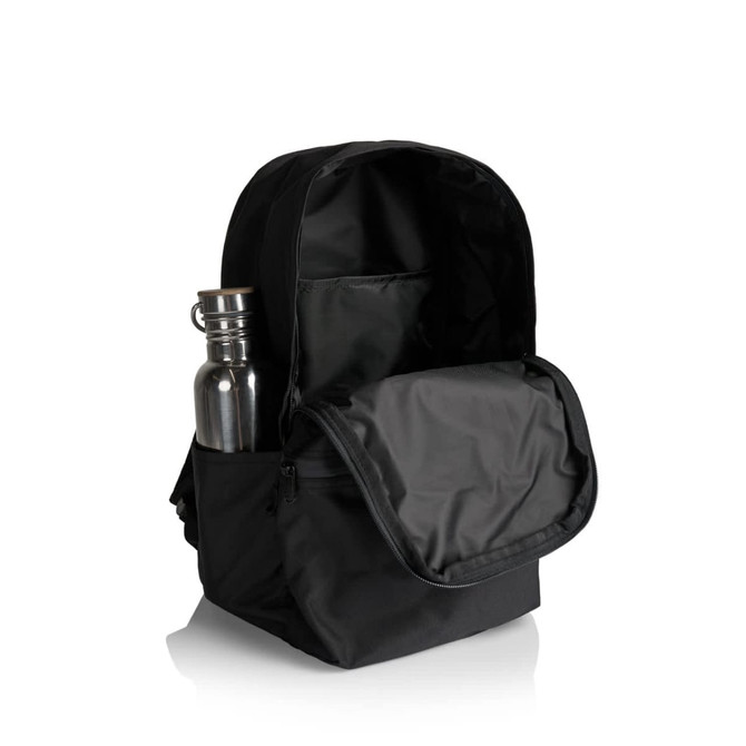 A black backpack with an open flap, featuring a silver drink bottle in a side pocket. It has a logo.