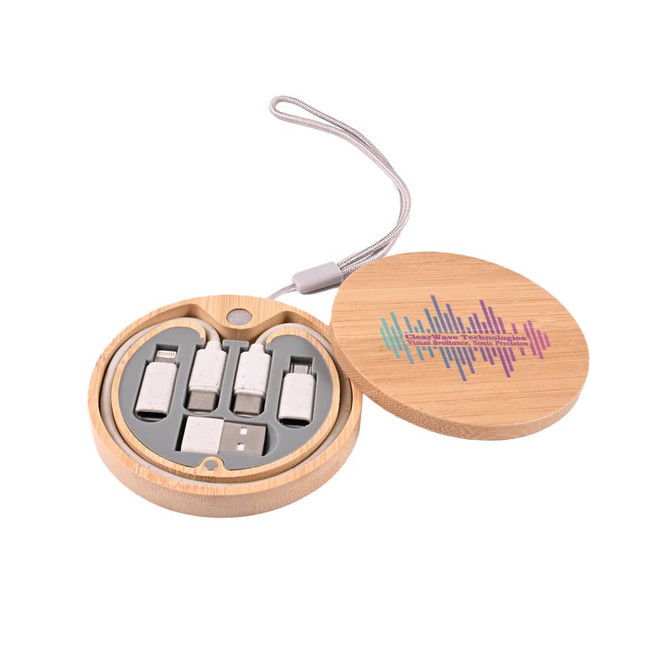 A round bamboo case containing multiple charging cables in silver and gray, featuring a logo on the lid.
