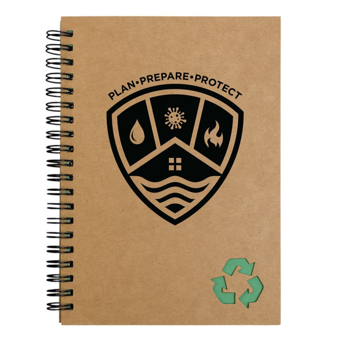 A brown spiral-bound notebook with a shield design and a recycling symbol at the bottom.