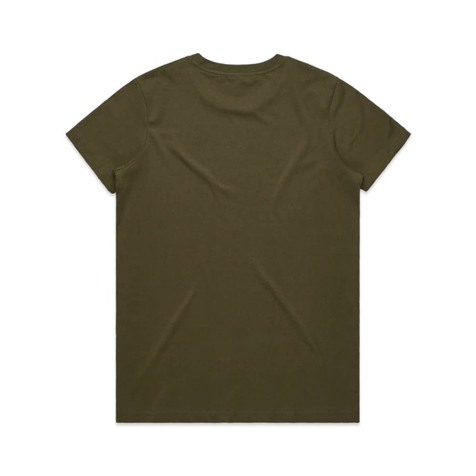 An olive green T-shirt with a plain back, featuring a subtle logo.