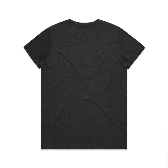 A dark grey t-shirt with short sleeves and a plain back, featuring a logo on the lower side.