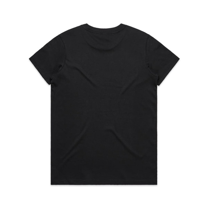 A black T-shirt featuring a plain back and a logo on the label. Suitable for casual wear.