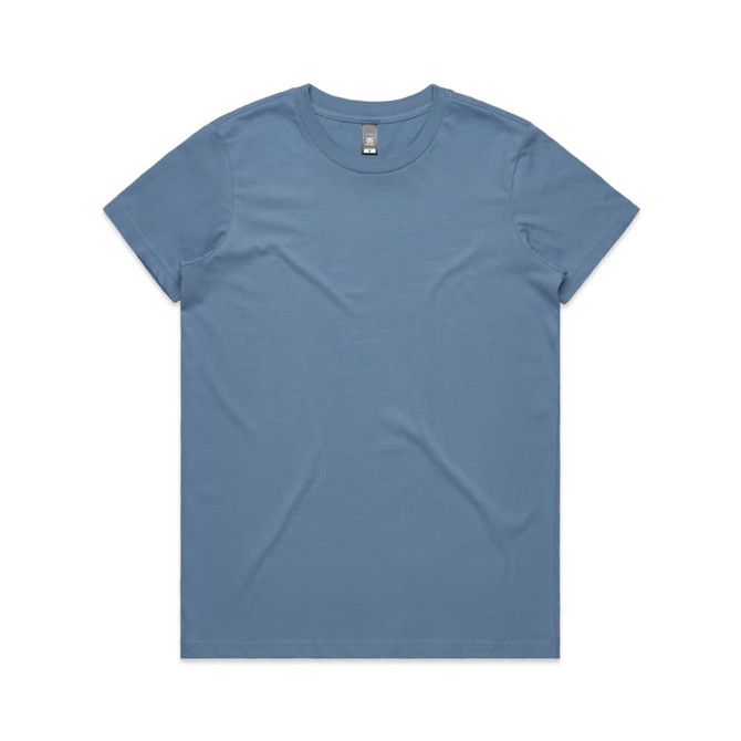 A blue t-shirt with a round neckline and a front view, featuring a simple design and branding.