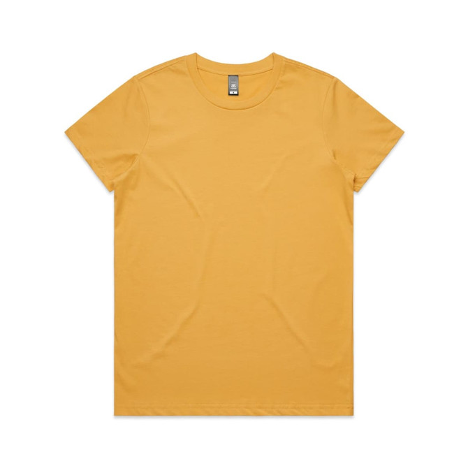 A yellow t-shirt featuring a crew neck design and a logo.