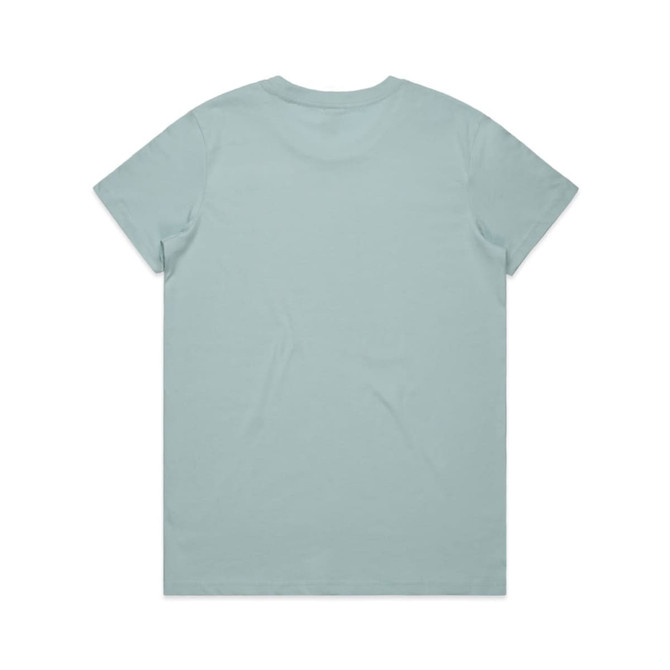 A light blue T-shirt with a crew neck and short sleeves, featuring a branding logo.