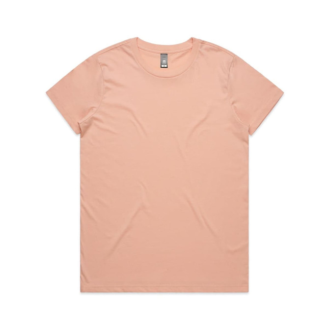A light pink t-shirt with a round neckline and short sleeves, featuring a branding logo on the label.