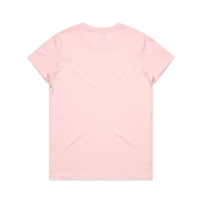 A pink T-shirt with a simple round neckline and short sleeves, featuring a logo on the back.