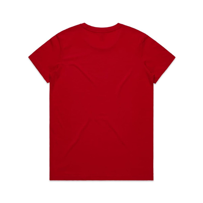 A red t-shirt with a plain back and a logo on the neck area.