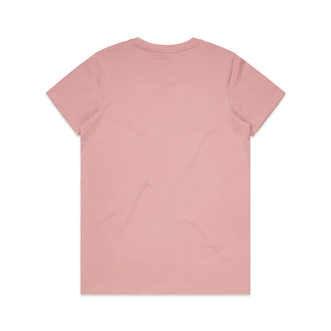 A pink T-shirt with a plain back and a simple design, featuring a branding logo.