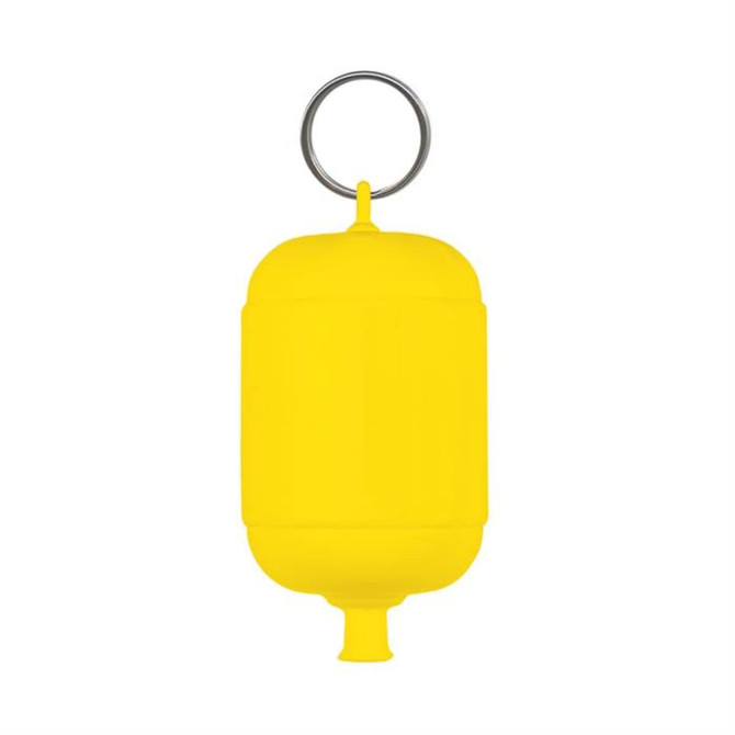 A floating key ring in bright yellow color, featuring a keychain attachment and a buoyant design.