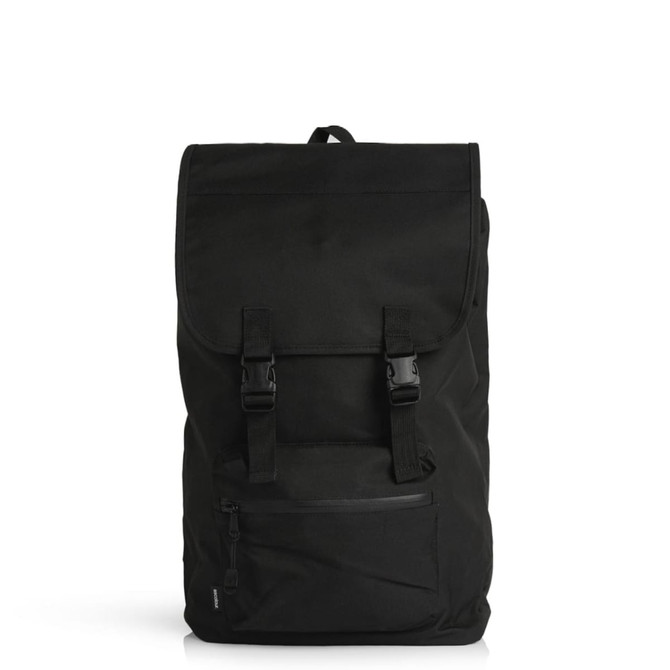 A black recycled field backpack with adjustable straps and a front zip pocket. It features a logo.