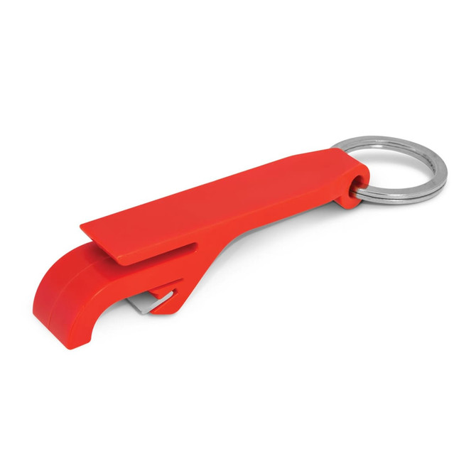 A drink bottle opener key ring in bright red color, featuring a sleek design and metal ring for attachment.