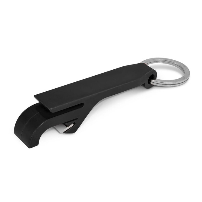 A drink bottle opener designed as a key ring in sleek black design.