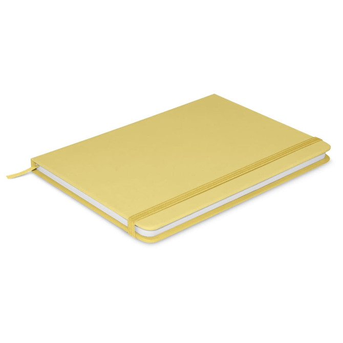 A yellow notebook with a sleek design, featuring a band and blank pages, and includes a logo on the cover.