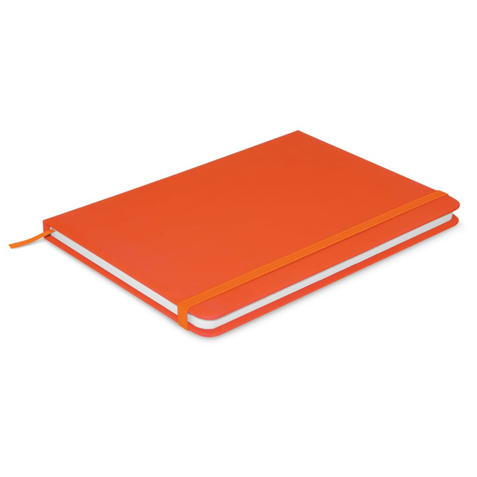 An orange Omega Notebook featuring a smooth cover and an elastic closure, designed for office and business use.