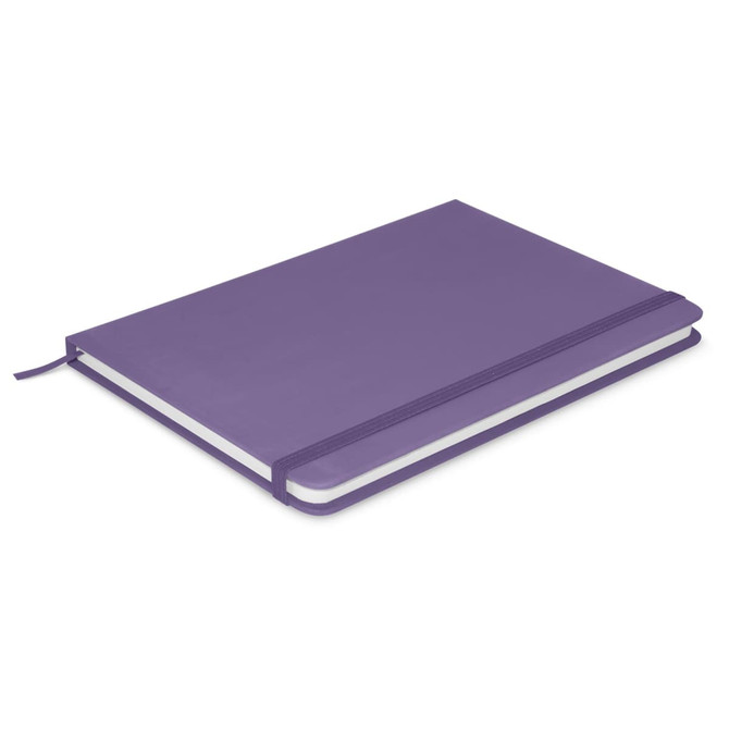 A purple Omega Notebook with a smooth cover, featuring an elastic band closure and white pages.