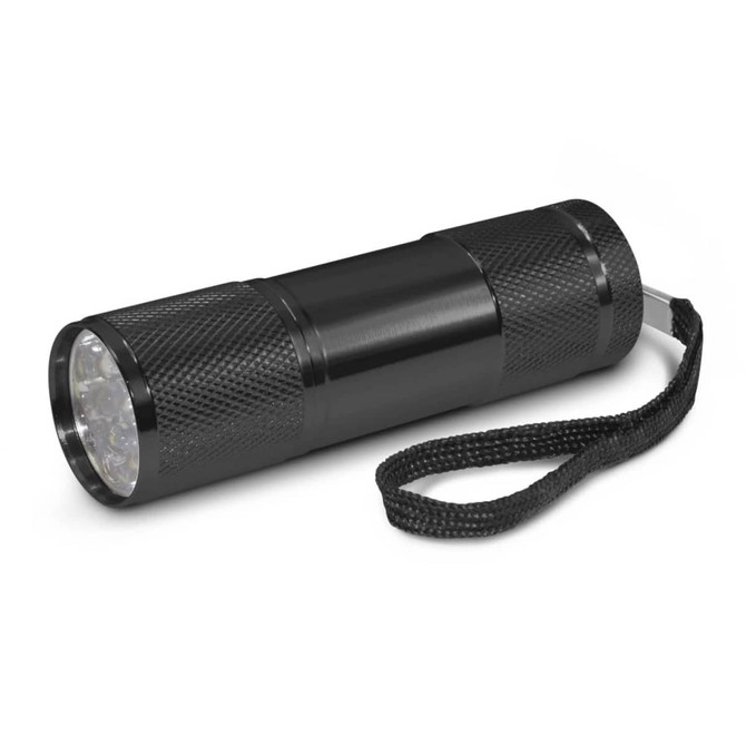 A compact black torch with a textured surface and a wrist strap. The front features a cluster of LED lights.