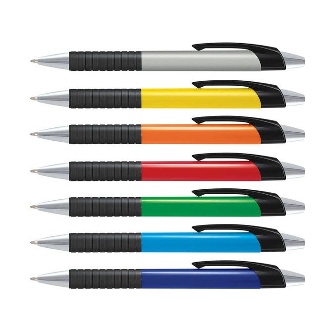 A collection of plastic pens with coloured barrels in grey, yellow, orange, red, green, and blue, featuring rubber grips and black accents.