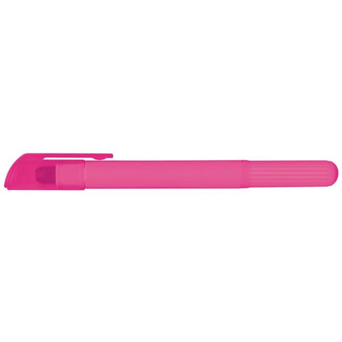 A bright pink wax highlighter with a cap and a textured grip.