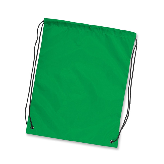 A green drawstring backpack with black cords, featuring reinforced corners and a simple design.