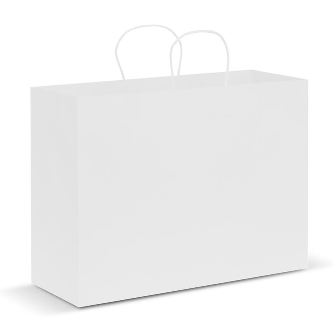 A large white paper carry bag with two white handles. The bag is blank, providing a clean and minimalist design.