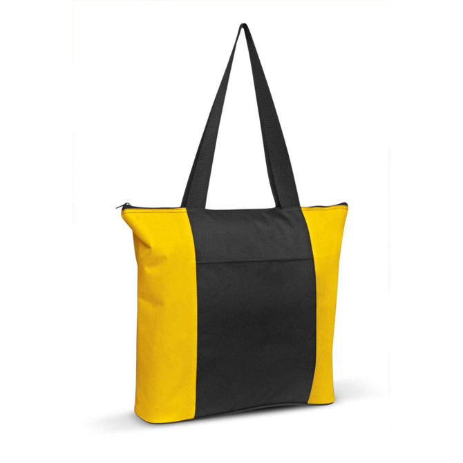 Avenue Tote Bag featuring a black and yellow color scheme with a zippered closure and sturdy handles.