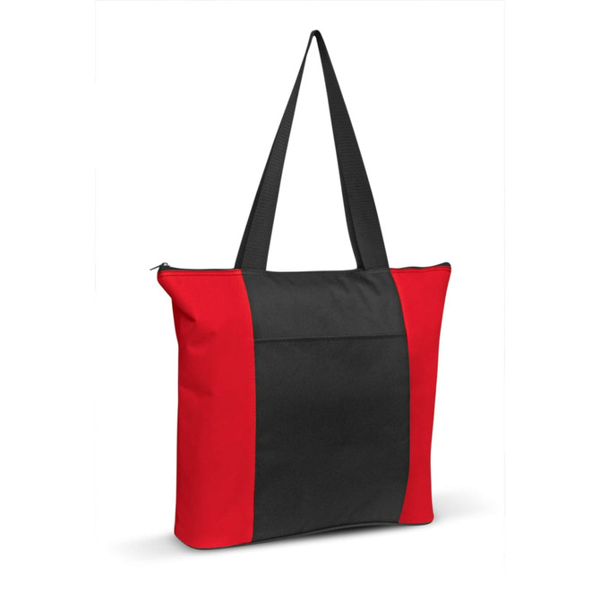 Avenue Tote Bag featuring a bold red and black design, with a spacious main compartment and sturdy shoulder straps.