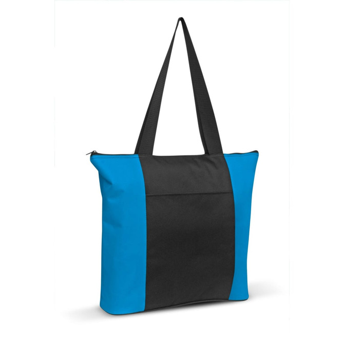Avenue Tote Bag featuring a blue and black design with a zippered closure and long straps.