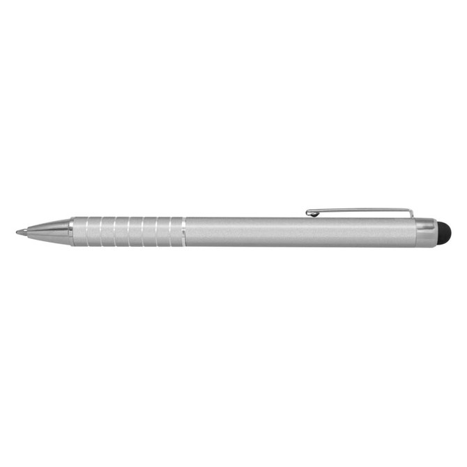 A silver stylus pen featuring a textured grip and a clip, with a black stylus tip on one end.