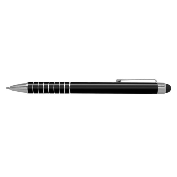 A black stylus pen with silver accents and a rubber tip for touchscreens. Features a clip and decorative lines.
