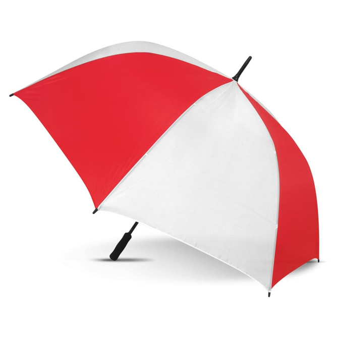 A large umbrella featuring red and white panels, with a black handle and a logo on the shaft.