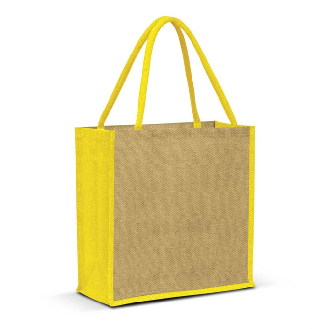A jute tote bag in a natural colour with vibrant yellow handles and trim. It features a logo.
