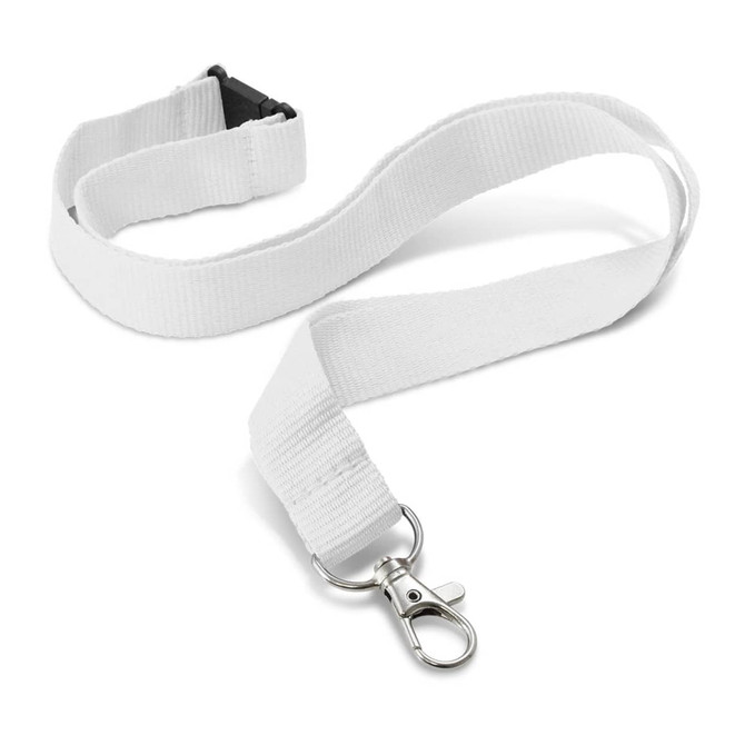 A white custom printed lanyard with a metal clip and an adjustable buckle, featuring a simple design.