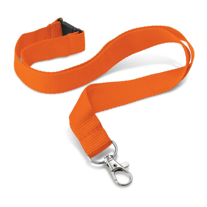 An orange lanyard made of fabric, featuring a clip at one end for attachment.