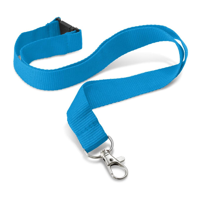 A bright blue custom printed lanyard, featuring a secure clip and a sturdy fabric design.