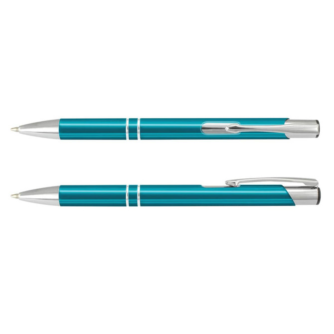 A metal pen in a vibrant teal colour with silver accents, featuring a sleek design and a clip.