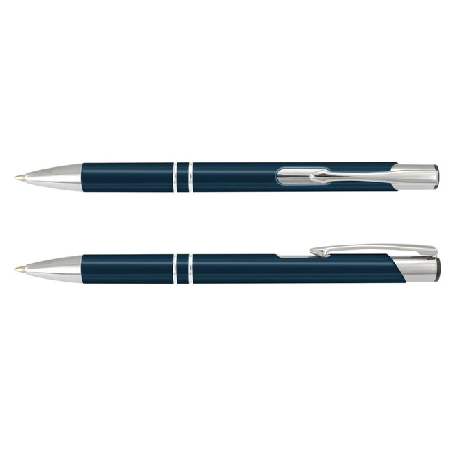A metal pen featuring a sleek navy blue design with silver accents and a clip. It includes a logo.
