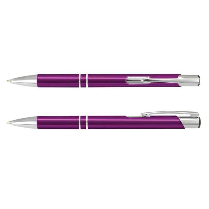 A purple metal pen with silver accents, featuring a sleek design and a clip, shown from two angles.