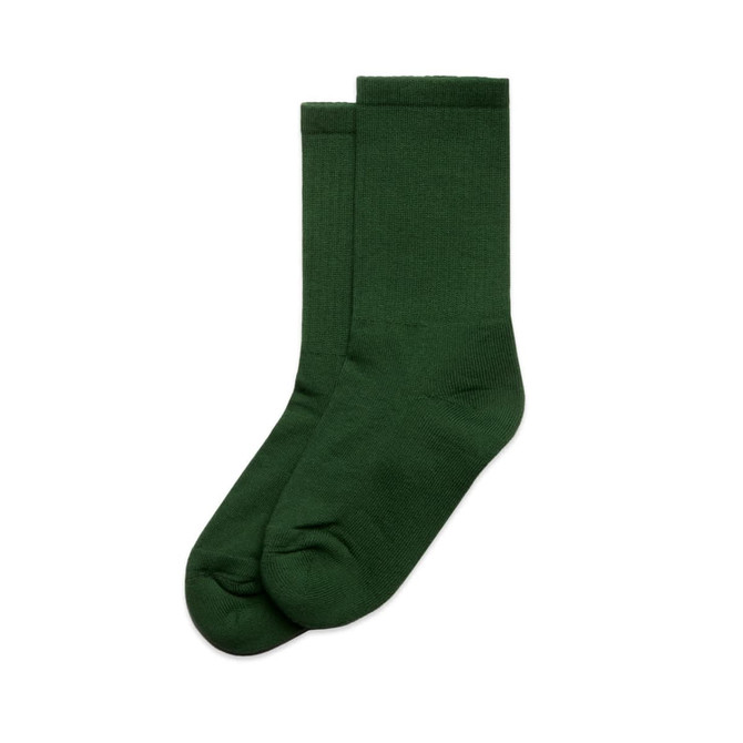 A pair of green socks laid flat, featuring a smooth texture and a simple design. The image includes a logo.