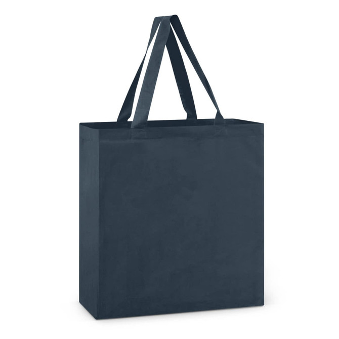 A dark navy cotton tote bag with sturdy handles.