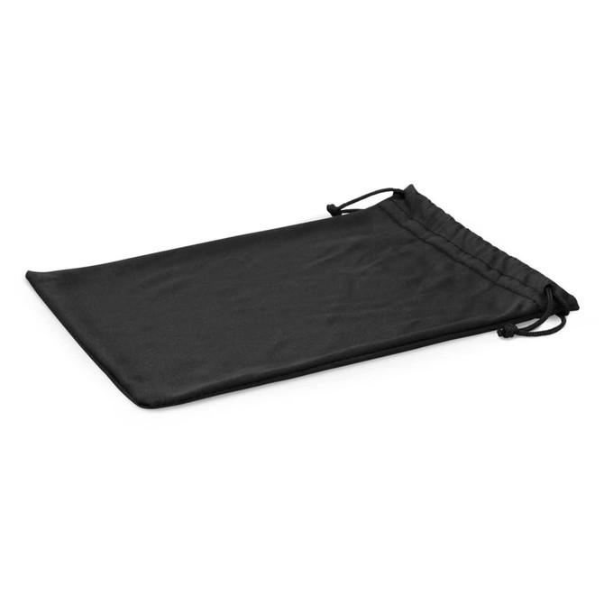 A drawstring pouch for storing sunglasses, featuring a simple black design.