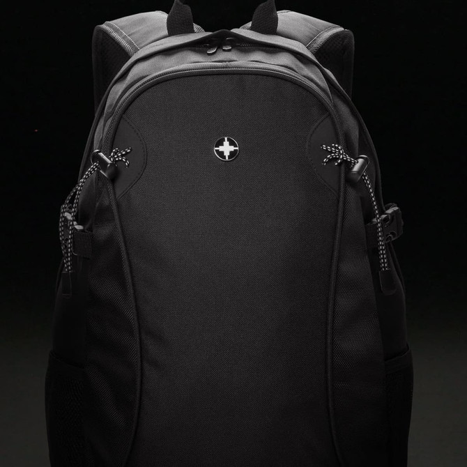 A black outdoor backpack with a logo, featuring adjusters and mesh side pockets.