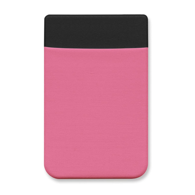 A pink Lycra phone wallet with a black top section, featuring a logo on the front.